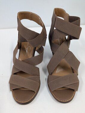 Jessica Simpson Taupe Elastic Strappy Wedge Sandals – Comfort Criss-Cross 8.5